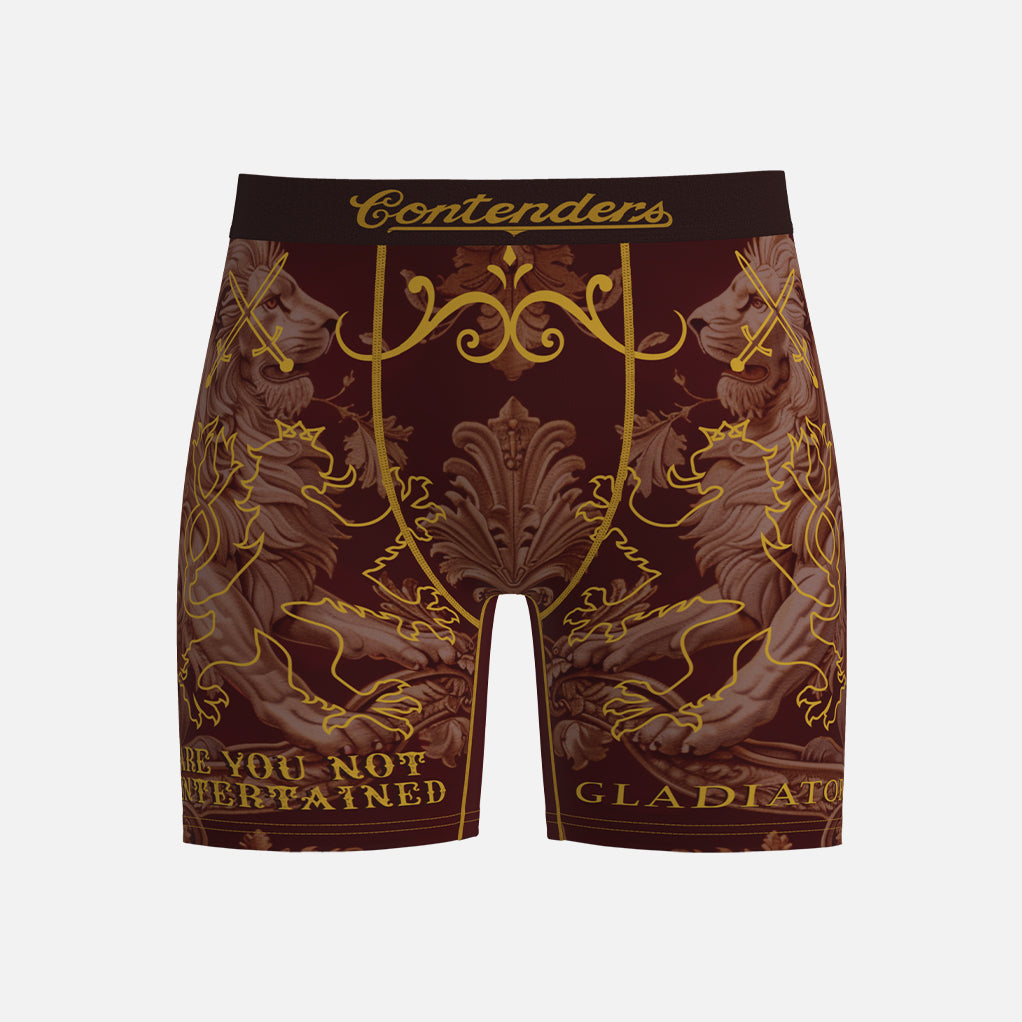 Gladiator boxer briefs with gold and brown design on a white background