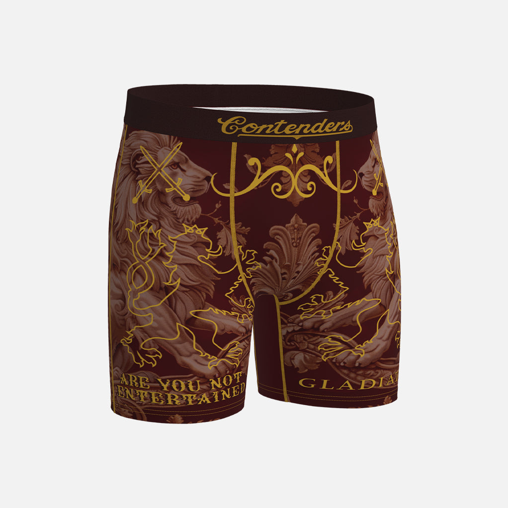 Gladiator boxer briefs with gold and brown design on a white background