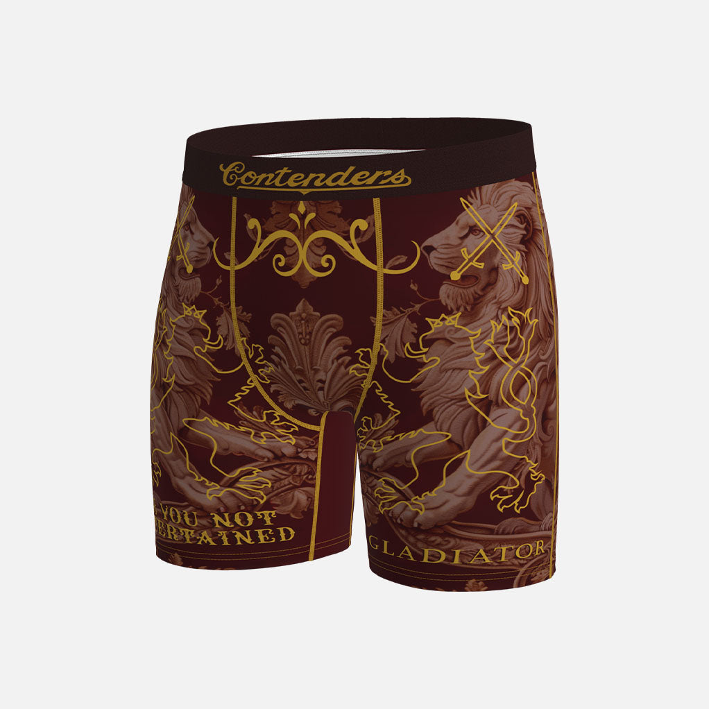 Gladiator boxer briefs with gold and brown design on a white background