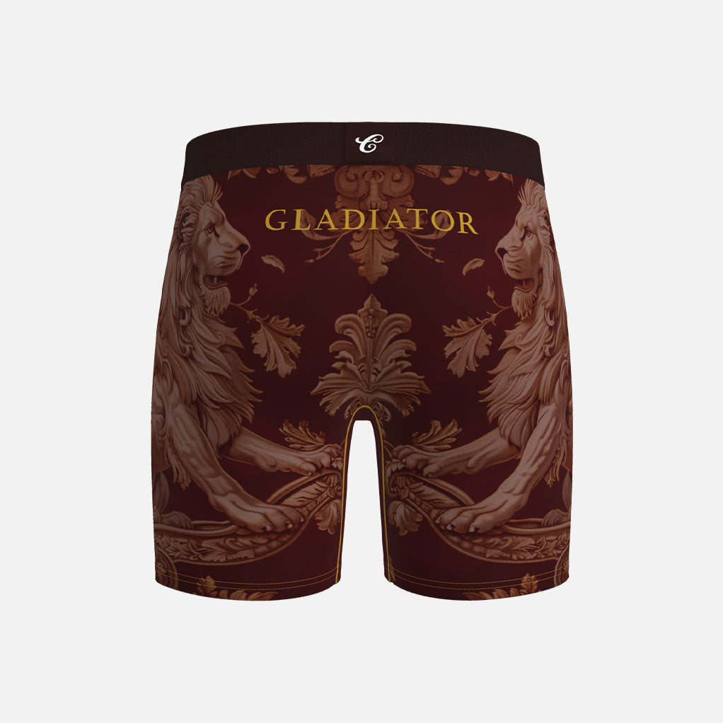 Gladiator boxer briefs with gold and brown design on a white background