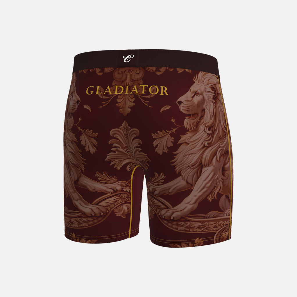 Gladiator boxer briefs with gold and brown design on a white background