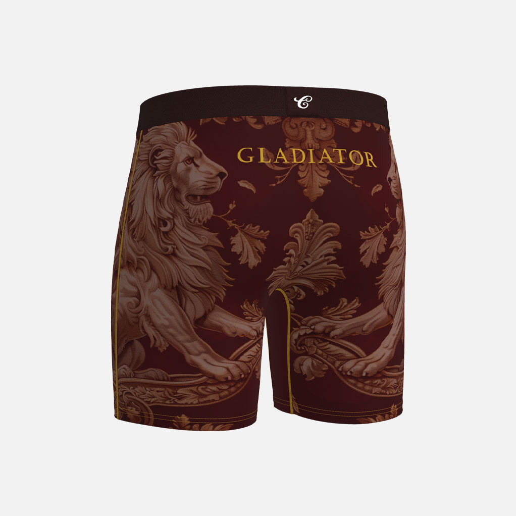 Gladiator boxer briefs with gold and brown design on a white background