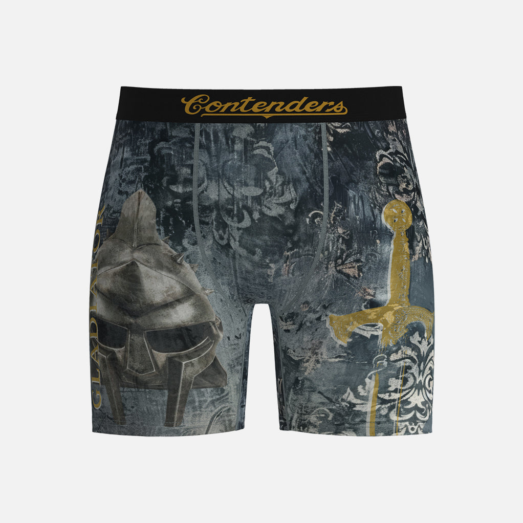 Gladiator Boxer briefs with warrior helmet and spear design on a gray background, featuring the brand 'Contenders'.