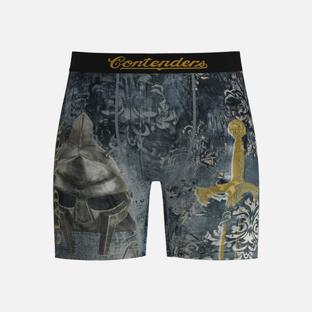 Gladiator Boxer briefs with warrior helmet and spear design on a gray background, featuring the brand 'Contenders'.