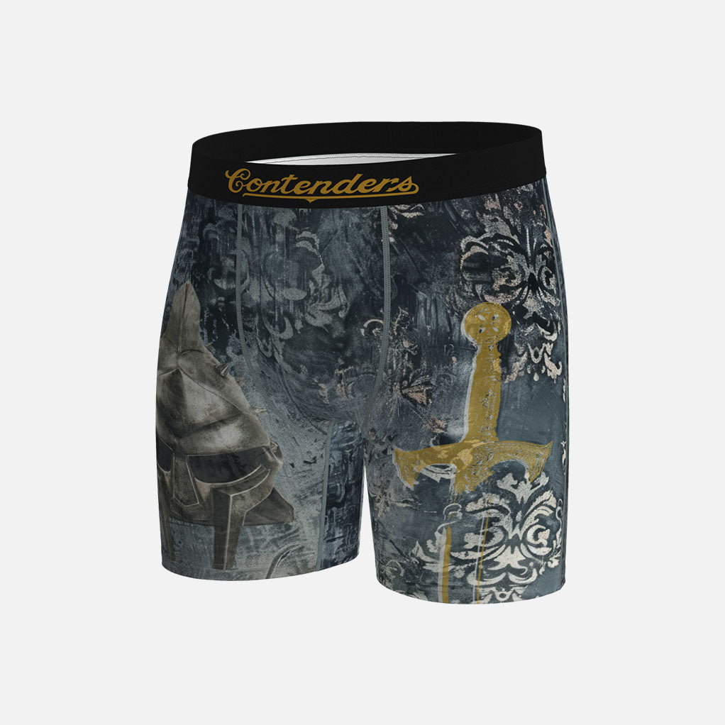 Gladiator Boxer briefs with warrior helmet and spear design on a gray background, featuring the brand &#39;Contenders&#39;.