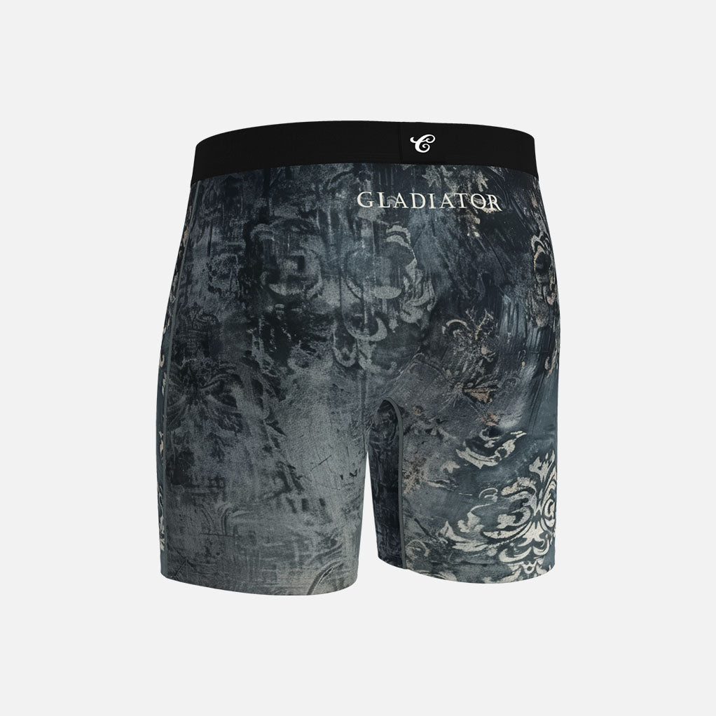 Gray patterned boxer briefs with black waistband on a white background