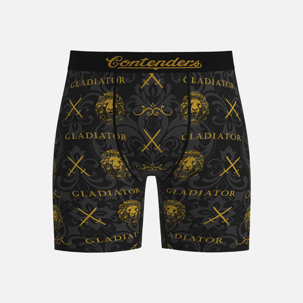 Black boxer briefs with gold &#39;Gladiator&#39; and &#39;Contenders&#39; branding on a light gray background