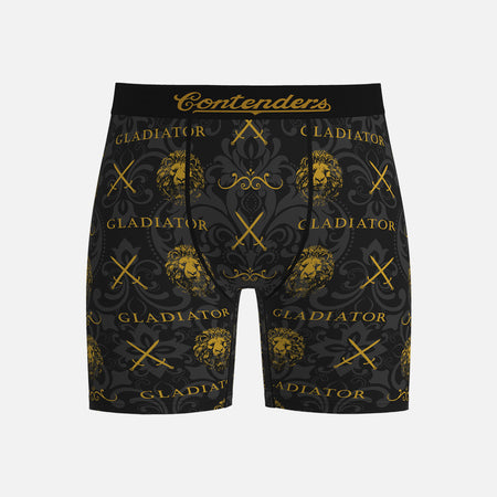 Black boxer briefs with gold 'Gladiator' and 'Contenders' branding on a light gray background