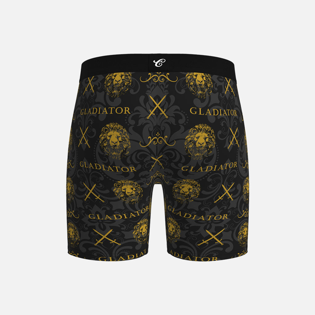 Black boxer briefs with gold &#39;Gladiator&#39; and &#39;Contenders&#39; branding on a light gray background