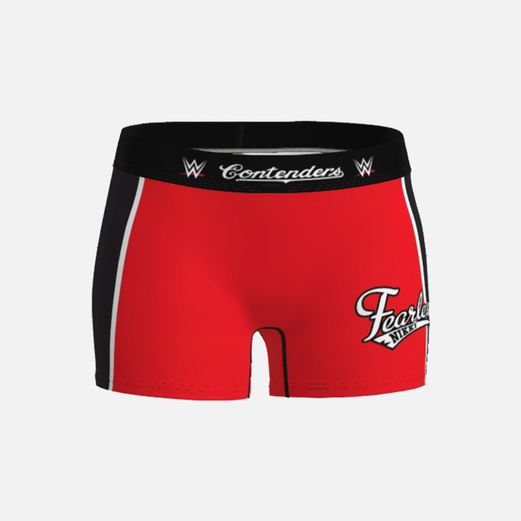 Red athletic shorts with black waistband featuring WWE Nikki Bella branding on a white background