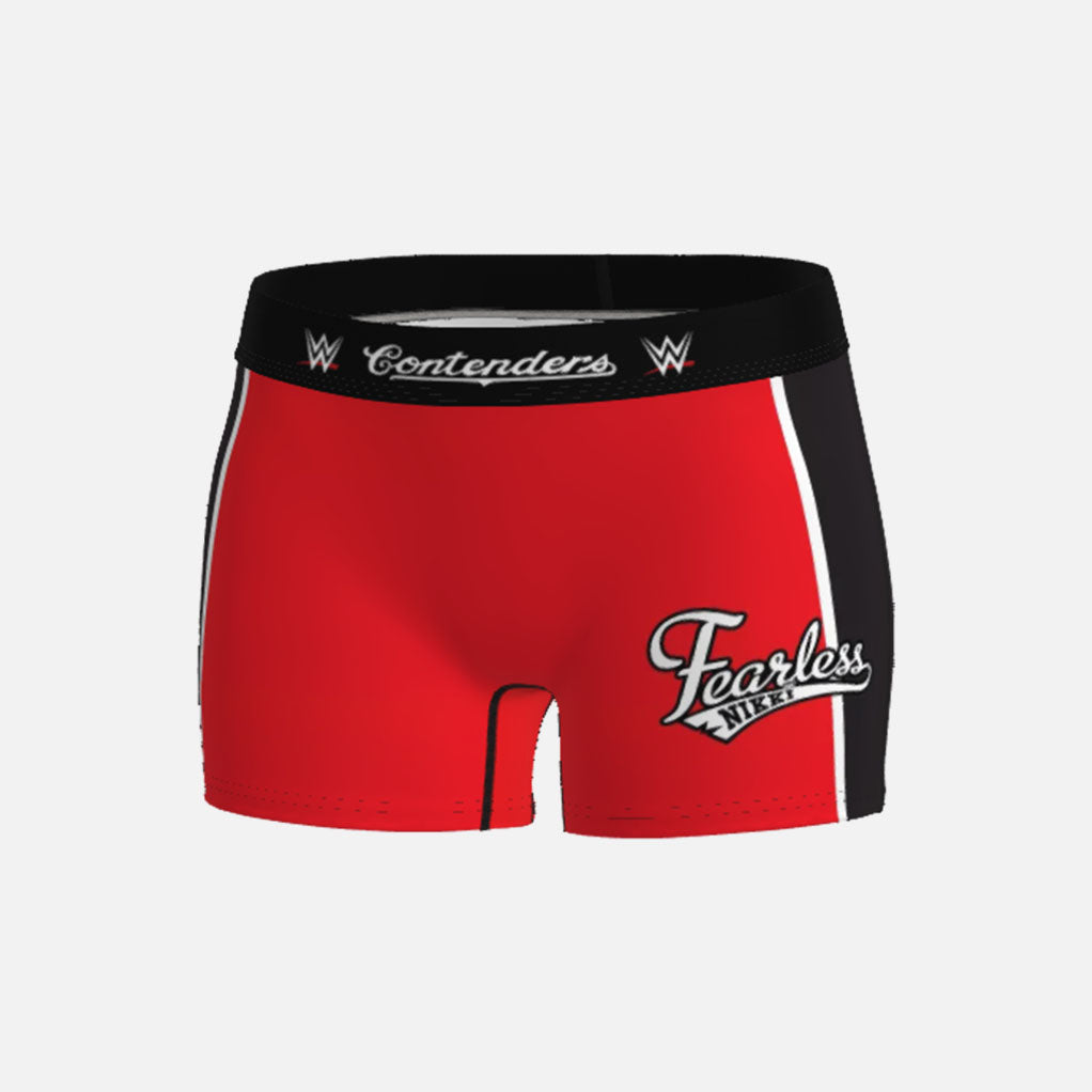 Red athletic shorts with black waistband featuring WWE Nikki Bella branding on a white background