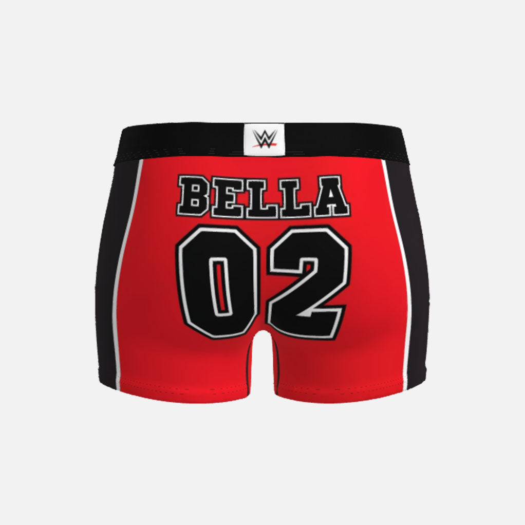 Red boxer briefs with &#39;Bella 02&#39; text and WWE logo on a white background