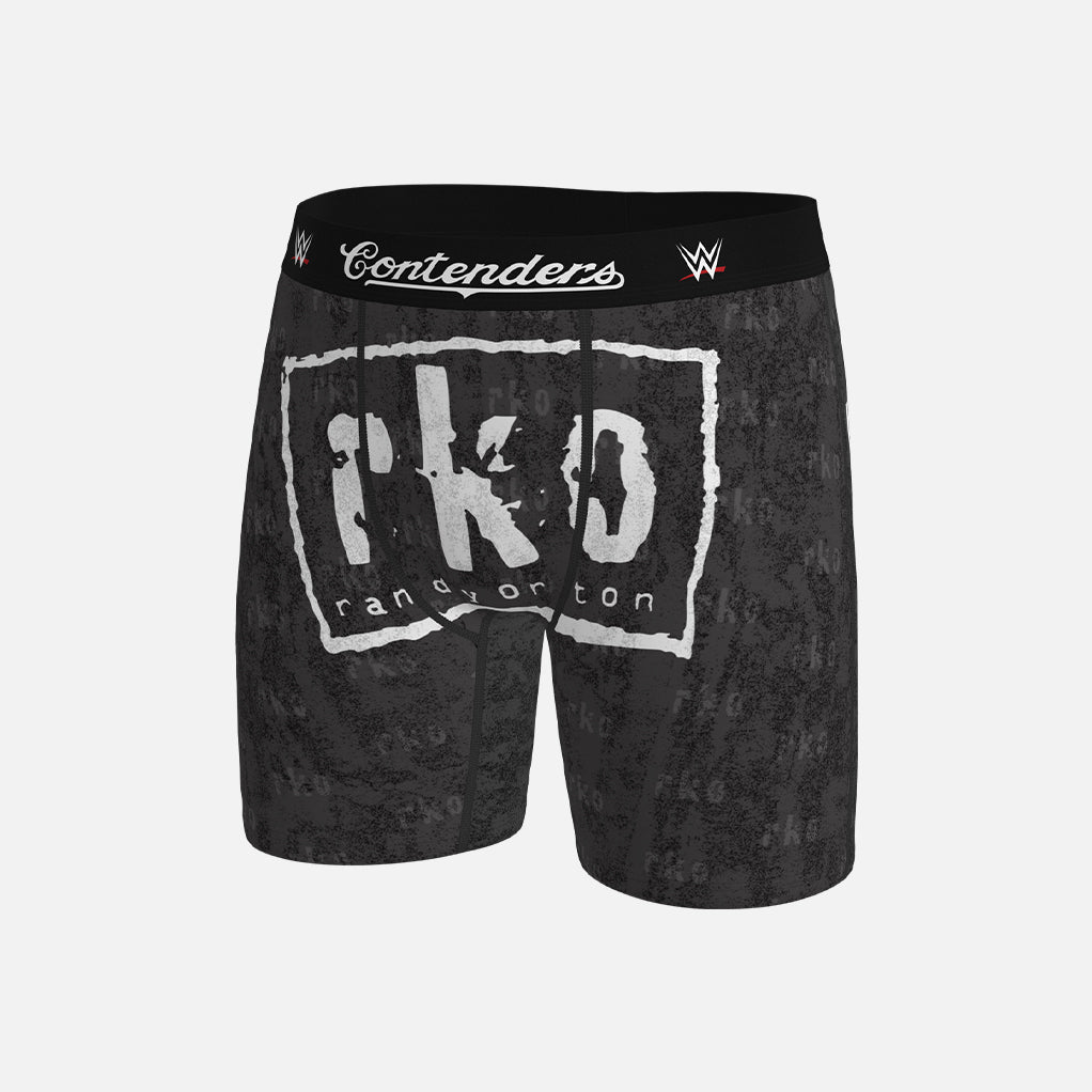 Black boxer briefs with branding on a light gray background