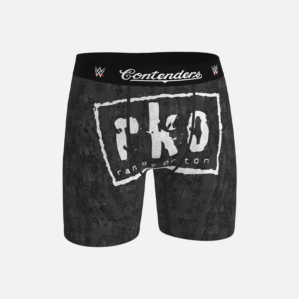 Black boxer briefs with white text and logos on a light gray background