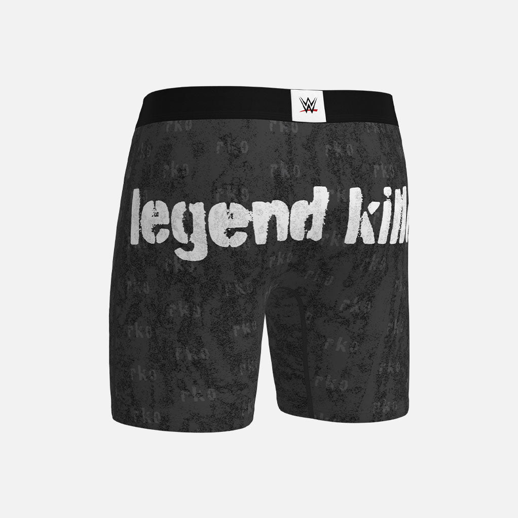 Black boxer briefs with &#39;legend killer&#39; text on a light gray background