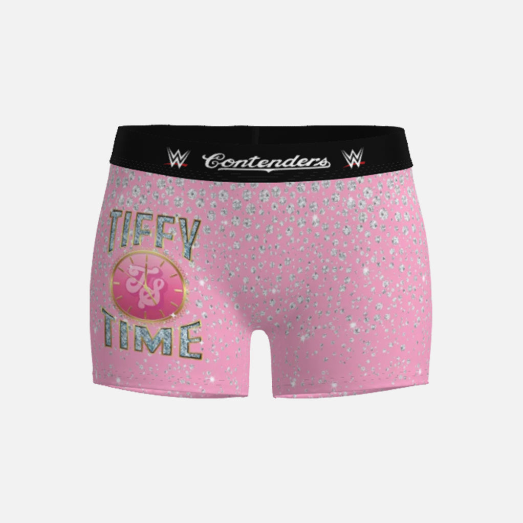 Pink boxer briefs with &#39;Tiffy Time&#39; text and WWE logo on a light gray background