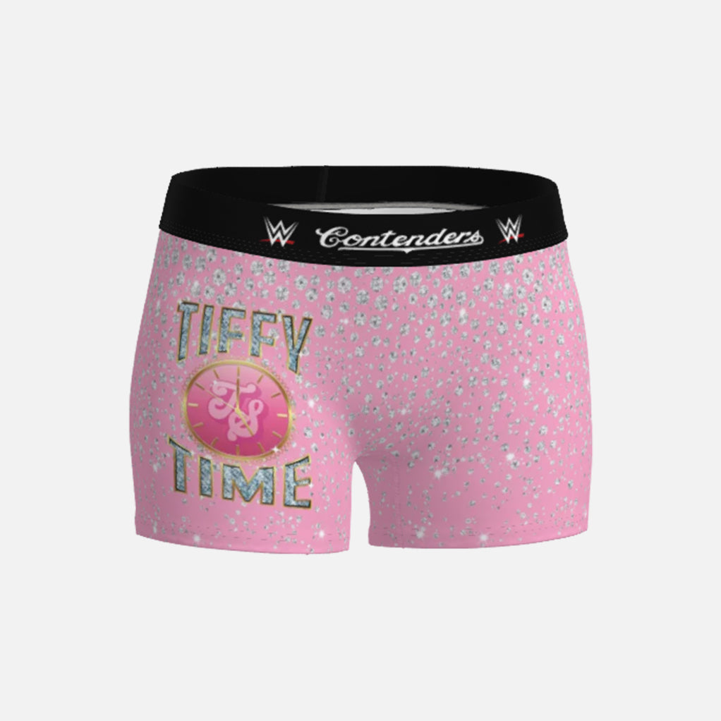 Pink boxer briefs with 'Tiffy Time' text and WWE logo on a light gray background