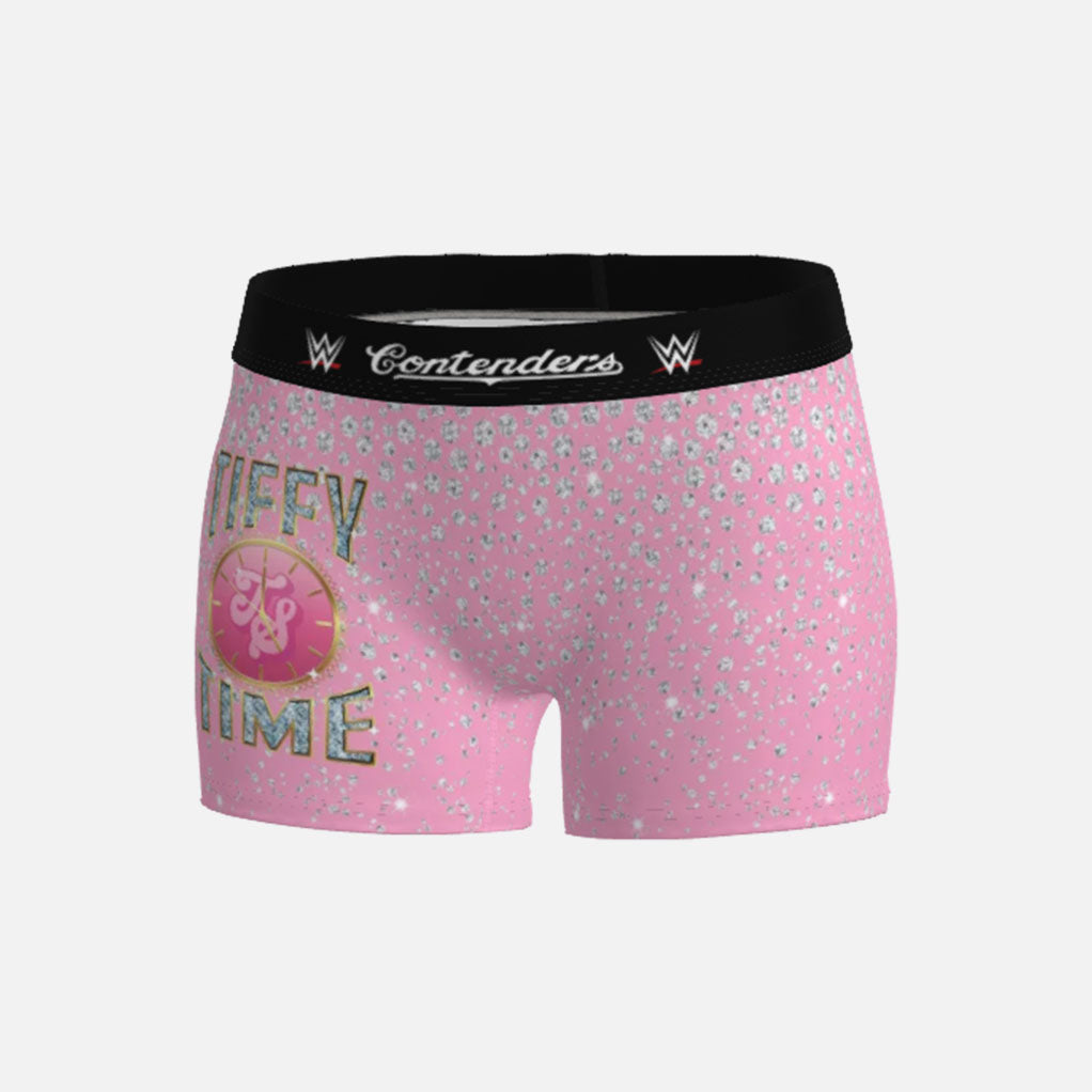 Pink boxer briefs with floral pattern and &#39;WWE&#39; branding on a white background