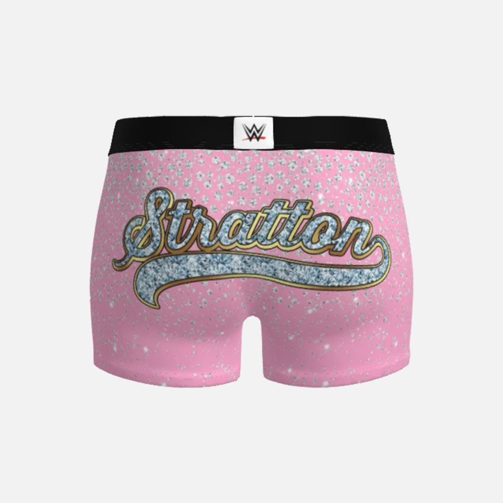 Pink boxer briefs with &#39;Stratton&#39; text and WWE logo on a white background