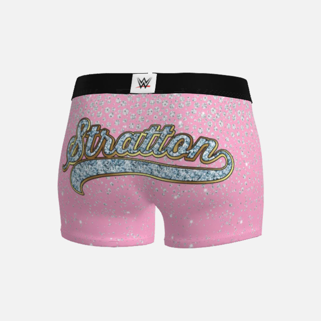 Pink boxer briefs with glittery text and WWE logo on a white background