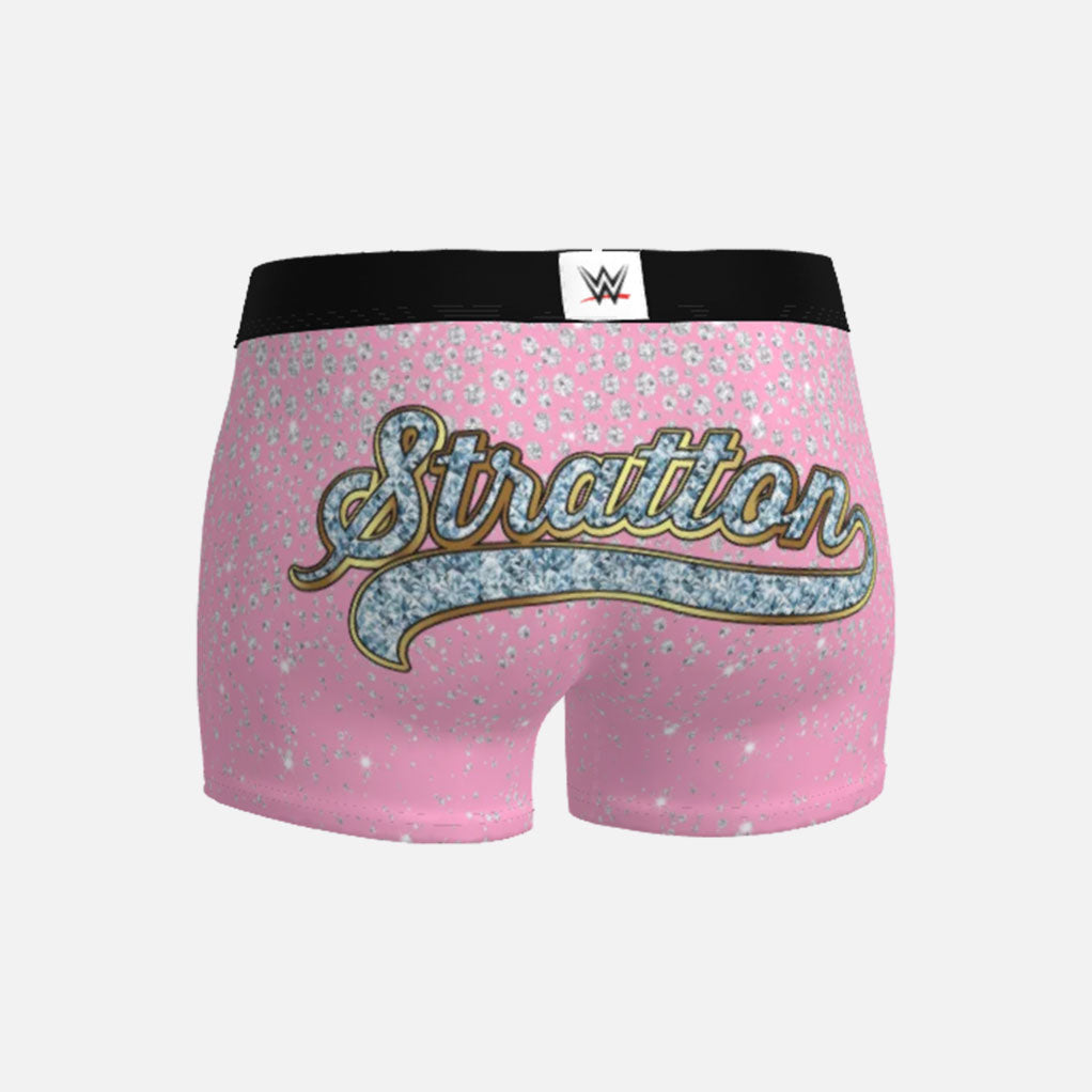 Pink boxer briefs with &#39;Stratton&#39; text and WWE logo on a white background