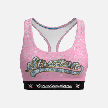 Pink sports bra with 'Stratton' and WWE branding on a white background