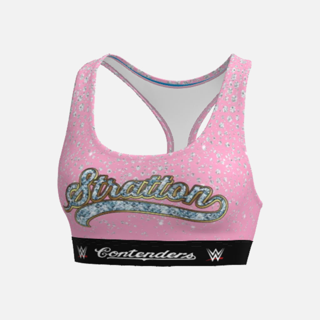 Pink sports bra with &#39;Stratton&#39; and WWE branding on a white background