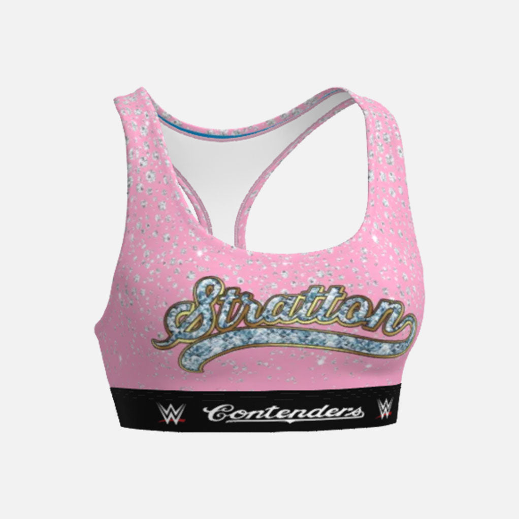 Pink sports bra with &#39;Straiten&#39; and WWE Contenders branding on a white background