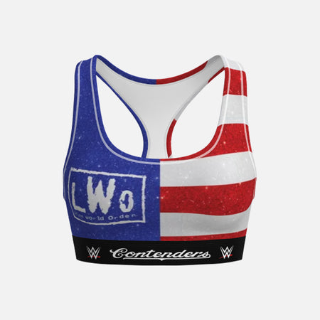 WWE-themed sports bra with American flag design on a white background