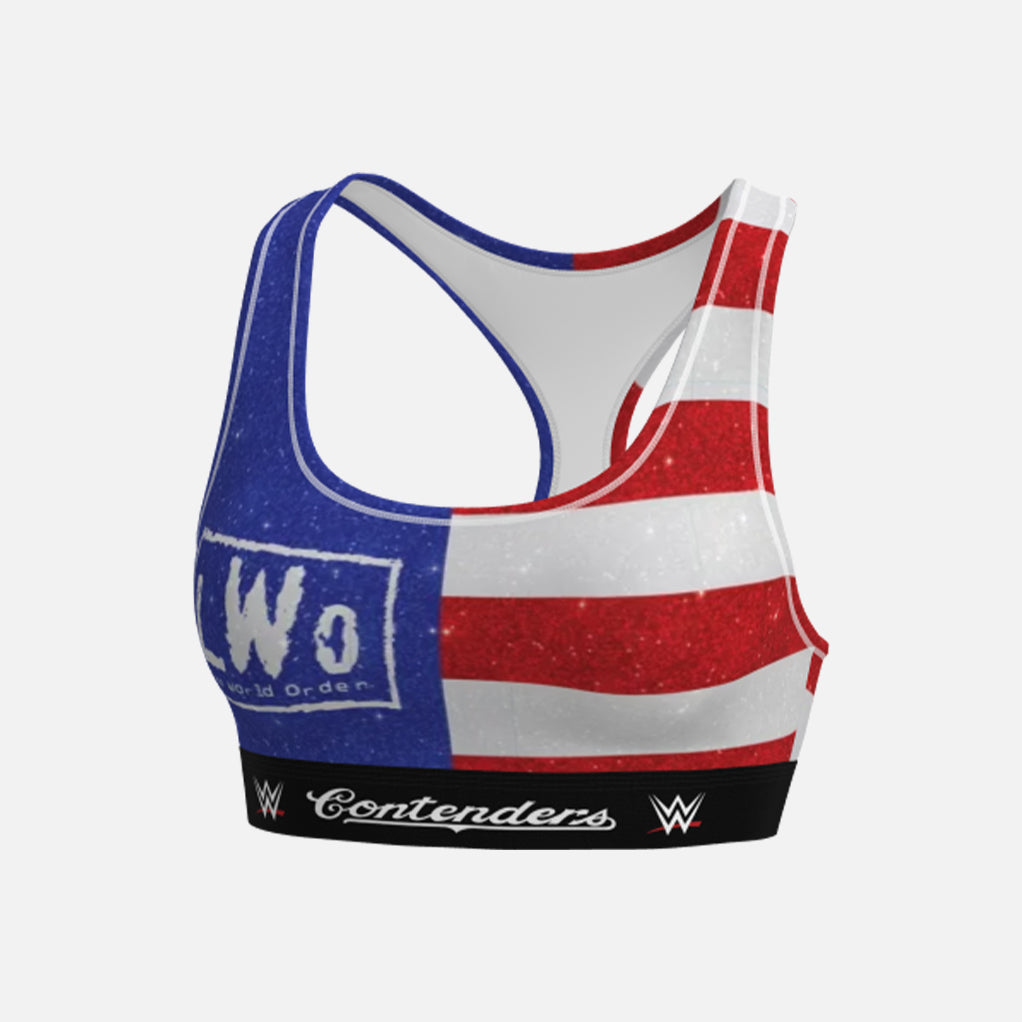 WWE-themed sports bra with American flag design on a white background