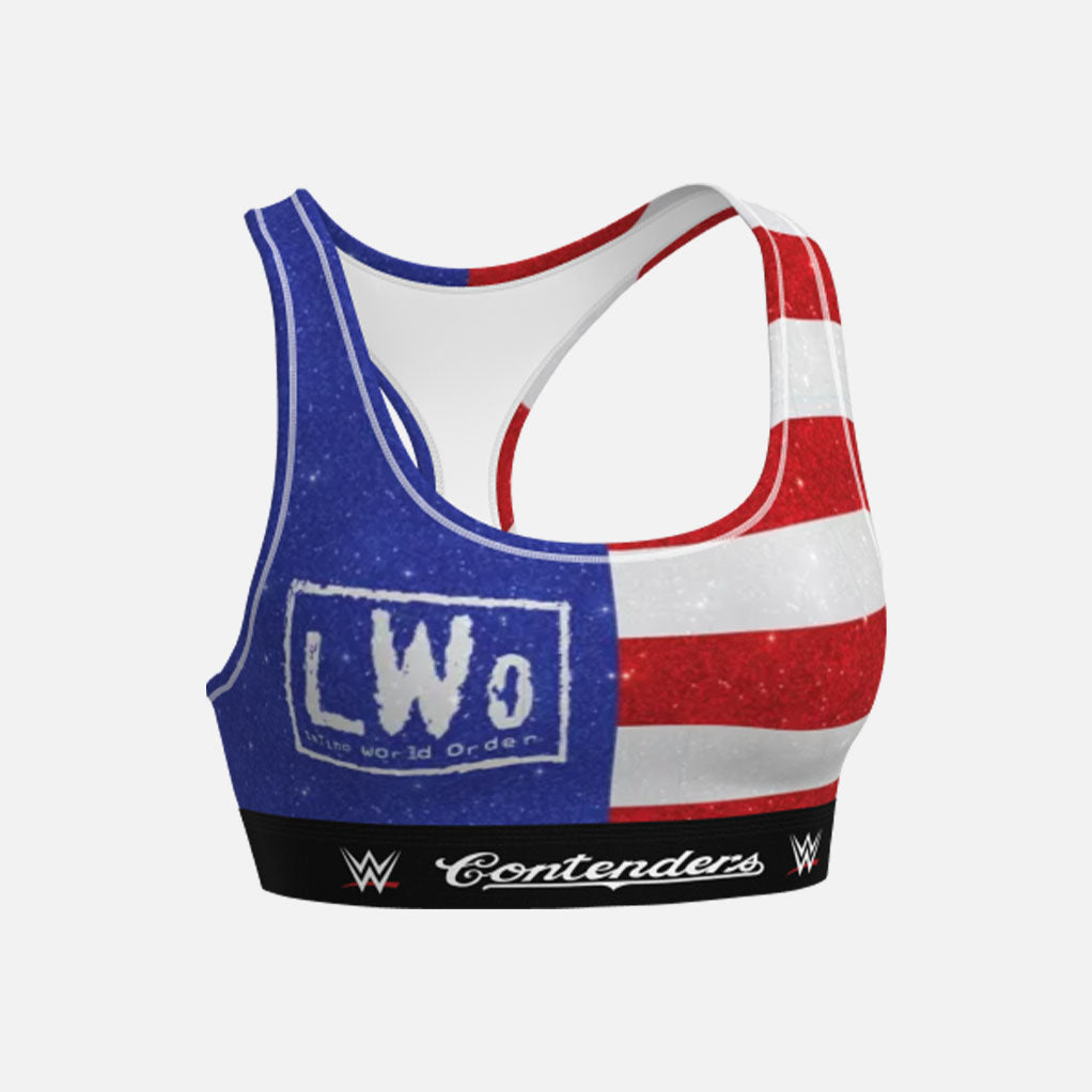 Wrestling-themed sports bra with American flag design and LWO branding on a white background