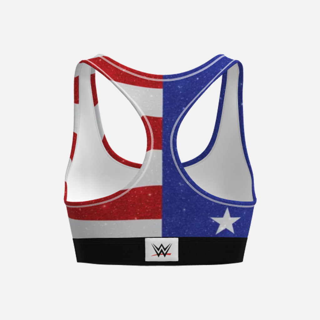 Sports bra with Union Jack design and WWE logo on a white background