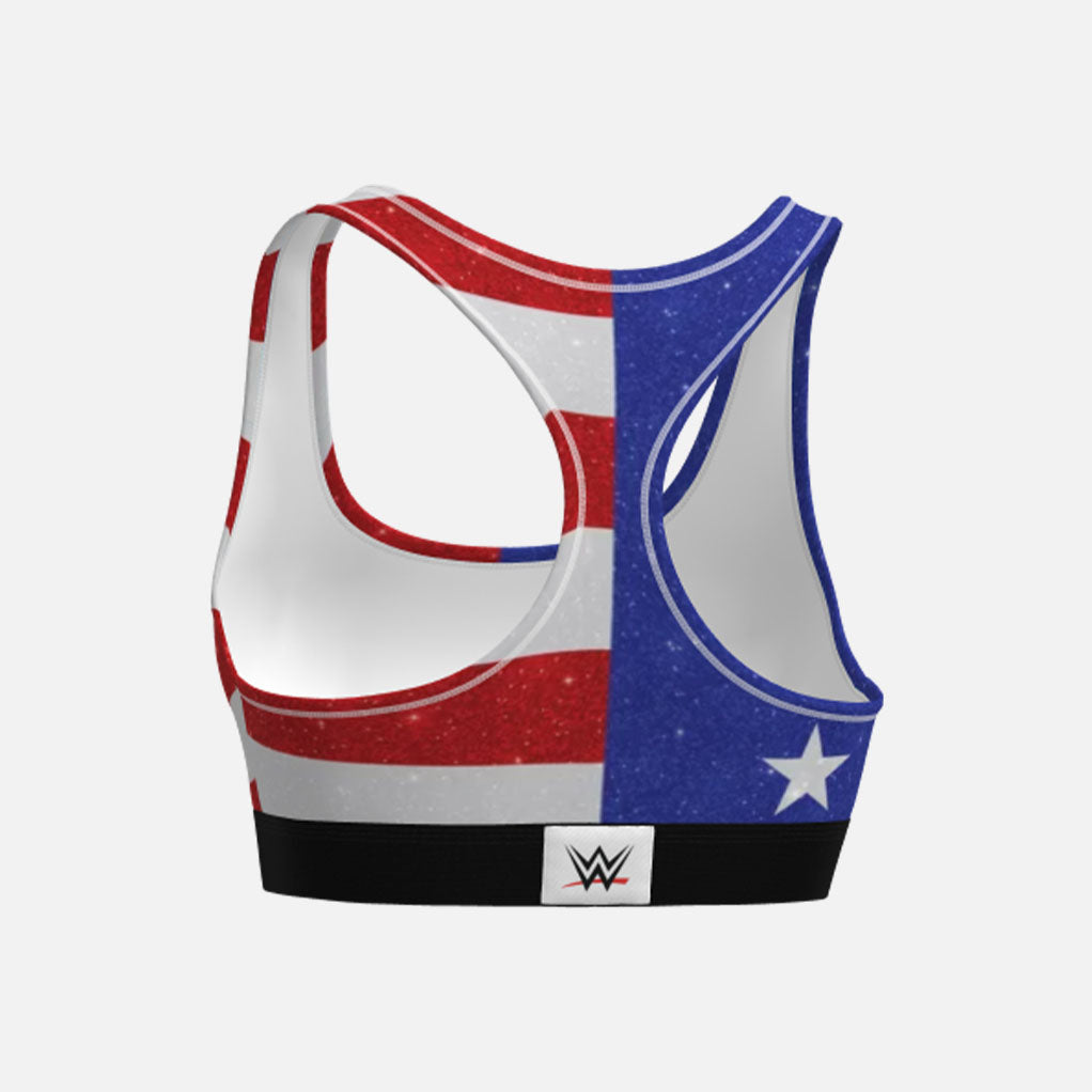 Sports bra with American flag design and WWE logo on a white background