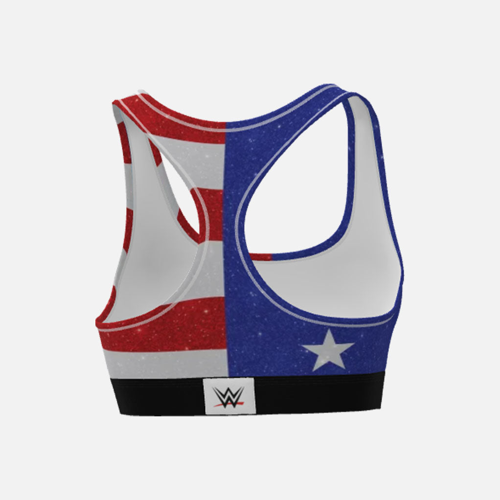 Sports bra with red, white, and blue design on a white background